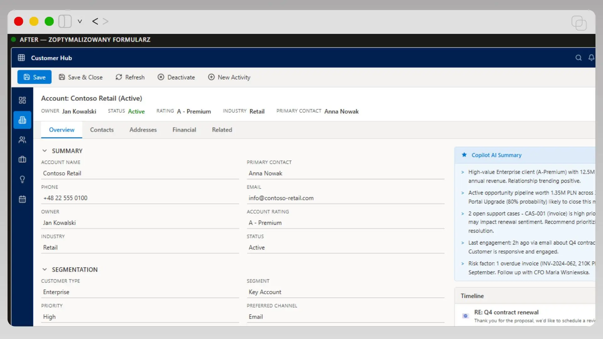 Optimized client card using tabs